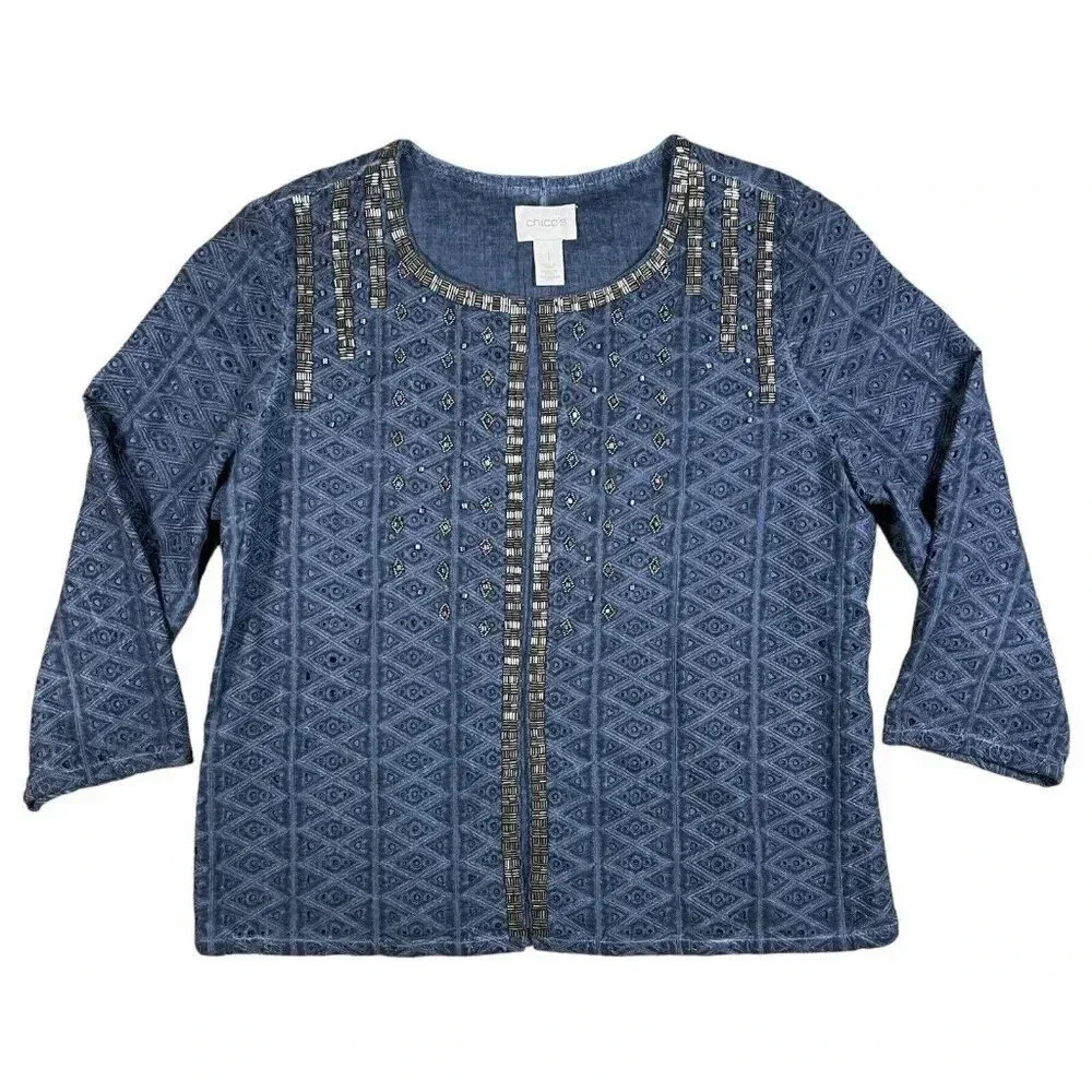Chicos Blue Studded Beaded Embroidered Eyelet Cardigan Jacket Size 1 US Medium